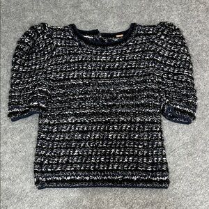 Adam Lippes Navy and White Textured Puff Shoulder Knit Sweater Top